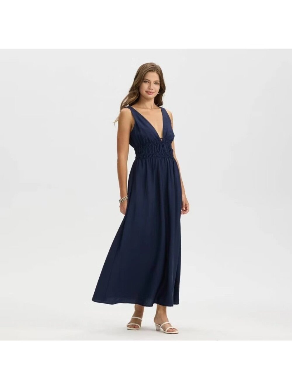 Women Maxi A-Line Evening Dress Size Small 4/6 A New Day Xavier Blue Deep V-Neck